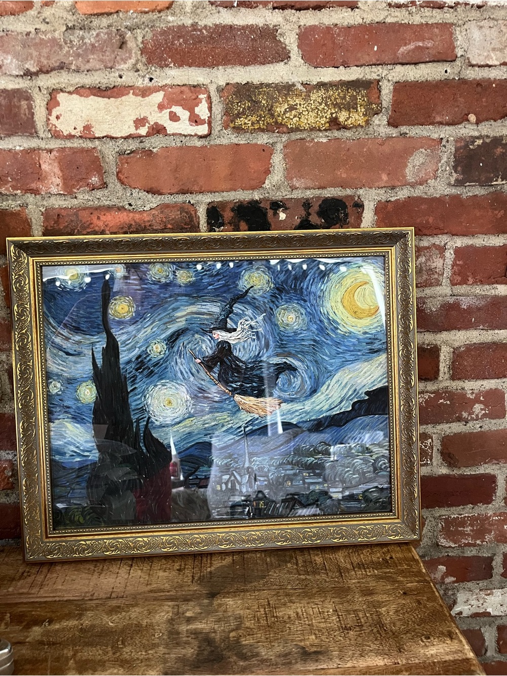 Framed van Gogh’s Starry Night Witch Wall Art Print in Blue and Black